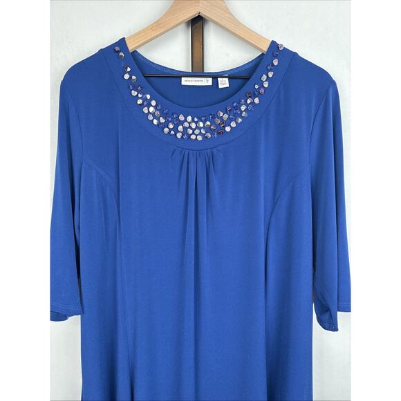 Susan Graver Liquid Knit Midi Shift Dress Women's Large Blue Beaded Neckline - Picture 2 of 10